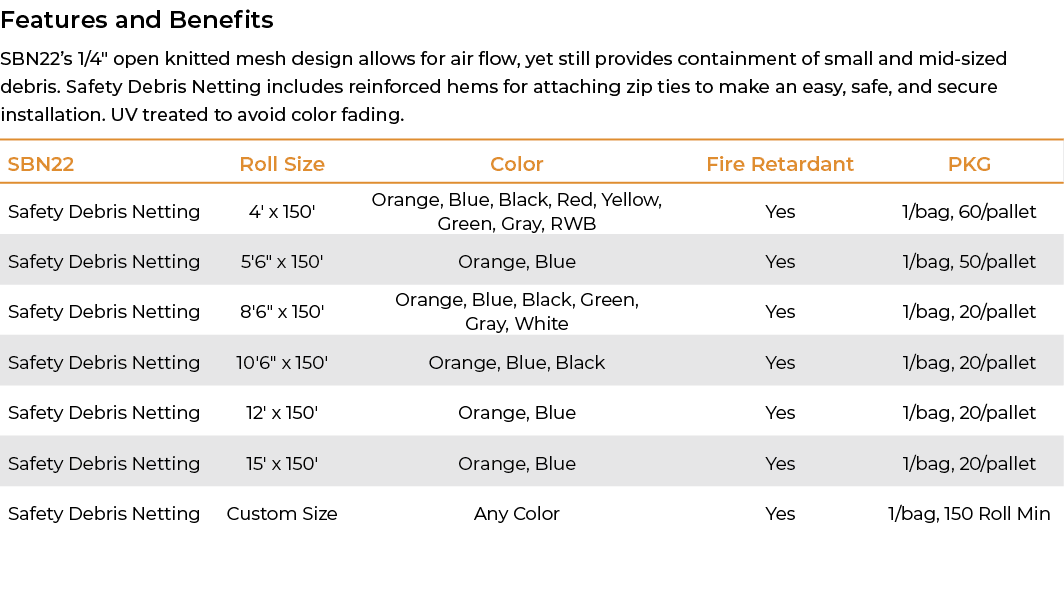Features and Benefits SBN22’s 1/4\“ open knitted mesh design allows for air flow, yet still provides containment of s...