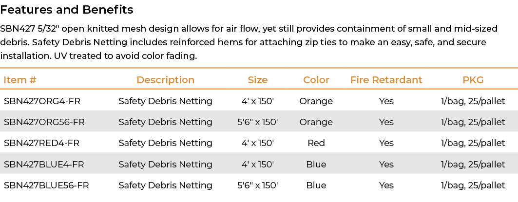 Features and Benefits SBN427 5/32\“ open knitted mesh design allows for air flow, yet still provides containment of s...