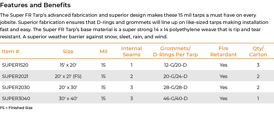 Features and Benefits The Super FR Tarp’s advanced fabrication and superior design makes these 15 mil tarps a must ha...