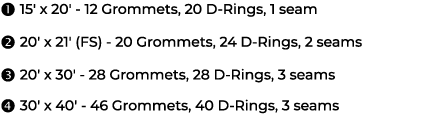  15' x 20' 12 Grommets, 20 D Rings, 1 seam  20' x 21' (FS) 20 Grommets, 24 D Rings, 2 seams  20' x 30' 28 Grommets...