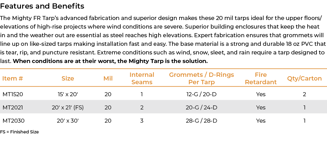 Features and Benefits The Mighty FR Tarp’s advanced fabrication and superior design makes these 20 mil tarps ideal fo...