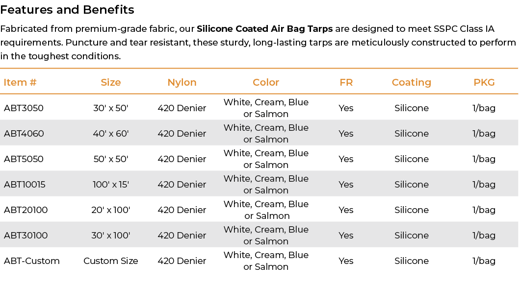 Features and Benefits Fabricated from premium grade fabric, our Silicone Coated Air Bag Tarps are designed to meet SS...