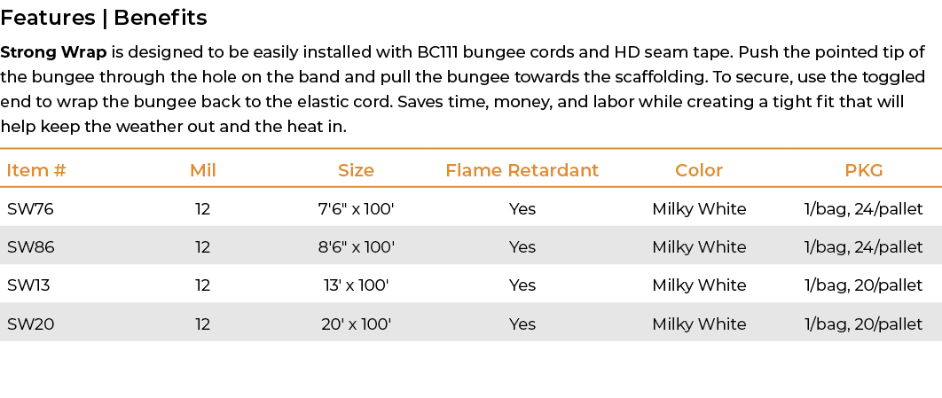 Features | Benefits Strong Wrap is designed to be easily installed with BC111 bungee cords and HD seam tape. Push the...