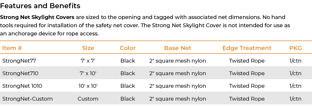 Features and Benefits Strong Net Skylight Covers are sized to the opening and tagged with associated net dimensions. ...