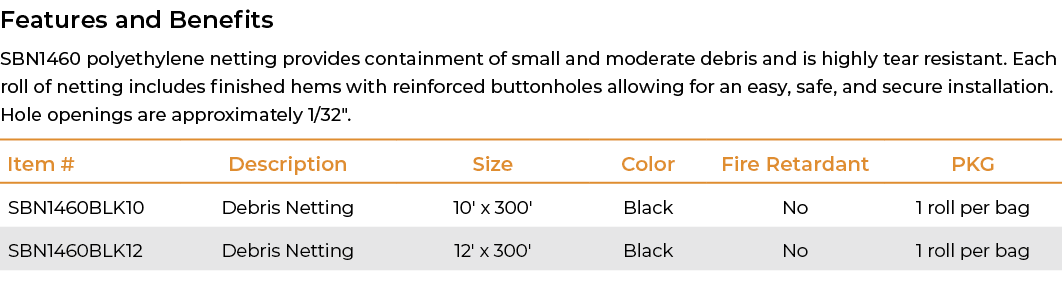 Features and Benefits SBN1460 polyethylene netting provides containment of small and moderate debris and is highly te...