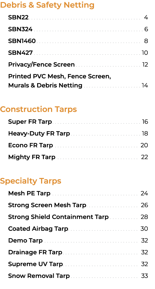 Debris & Safety Netting SBN22 4 SBN324 6 SBN1460 8 SBN427 10 Privacy/Fence Screen 12 Printed PVC Mesh, Fence Screen, ...