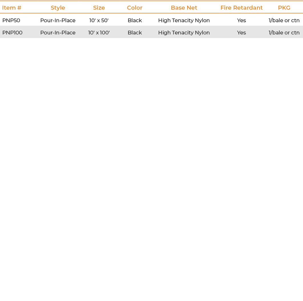 Item #,Style,Size,Color,Base Net,Fire Retardant,PKG,PNP50,Pour In Place,10' x 50',Black,High Tenacity Nylon,Yes,1/bal...